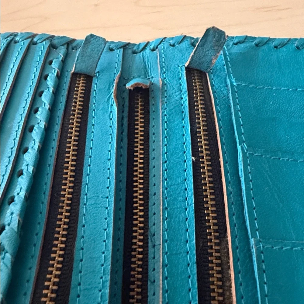 Cleobella Wallet Clutch Womens OS‎ Teal Laser Cut Leather Boho Floral Whipstitch